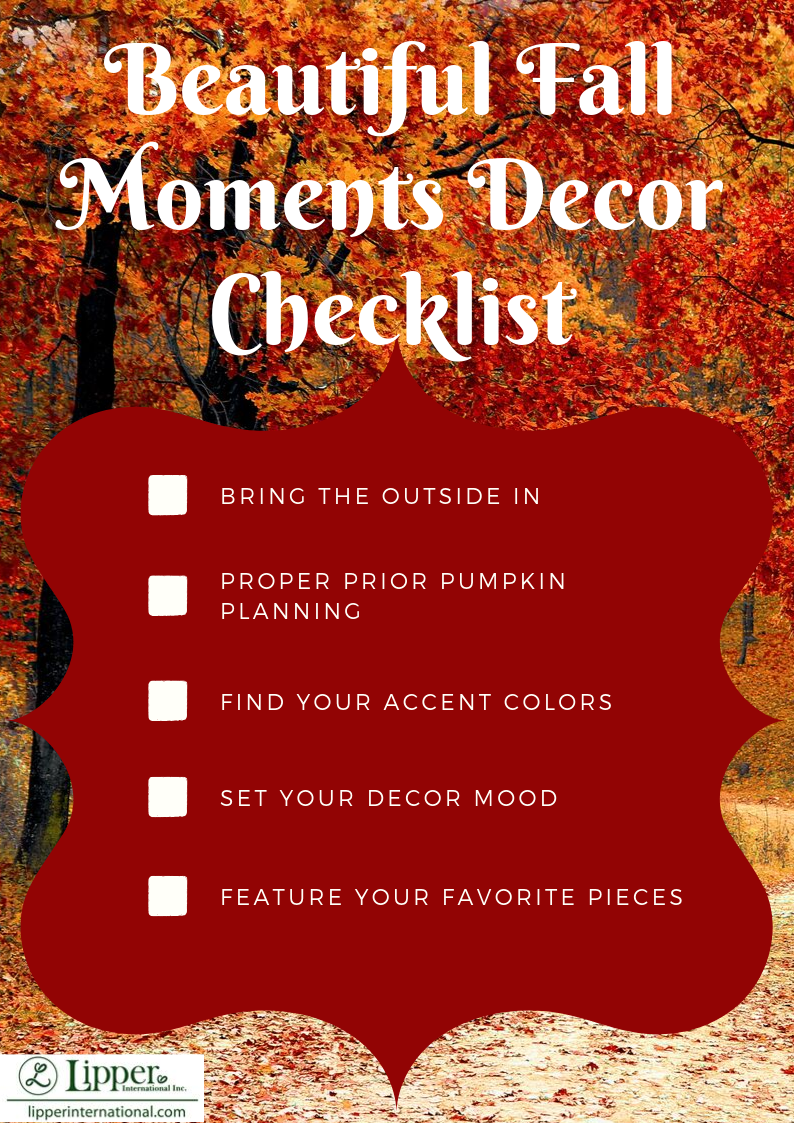 Creating Beautiful Fall Moments in Your Home Decor Checklist on a background of a path through the forest in Fall. Checkboxes are 1. Bring the outside in. 2. Proper Prior Pumpkin Planning. 3. Find Your Accent Colors. 4. Set Your Decor Mood. 5. Feature Your Favorite Pieces