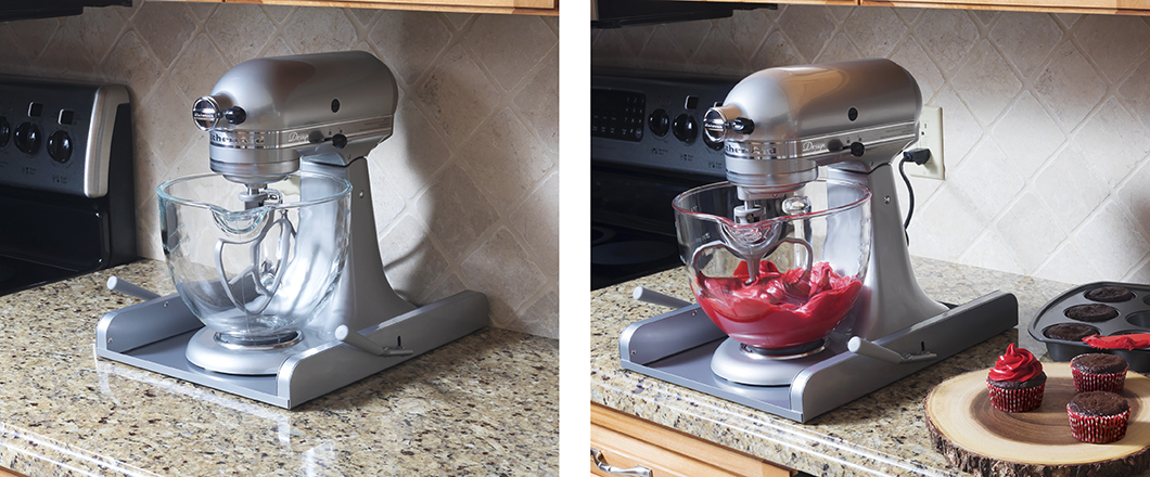 Lipper International rolling appliance platform at the back of a counter with a silver KitchenAid stand mixer on it, next to a picture of the same platform being used to make cupcake frosting pulled to the front of the counter for easy access