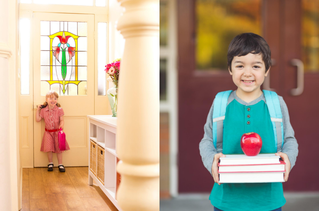 Two pictures of smiling children, side by side. The one on the left is a preschool aged child photographed smiling while standing inside near the front door. The other one is a first grader standing outside to be photographed, smiling and holding books. 