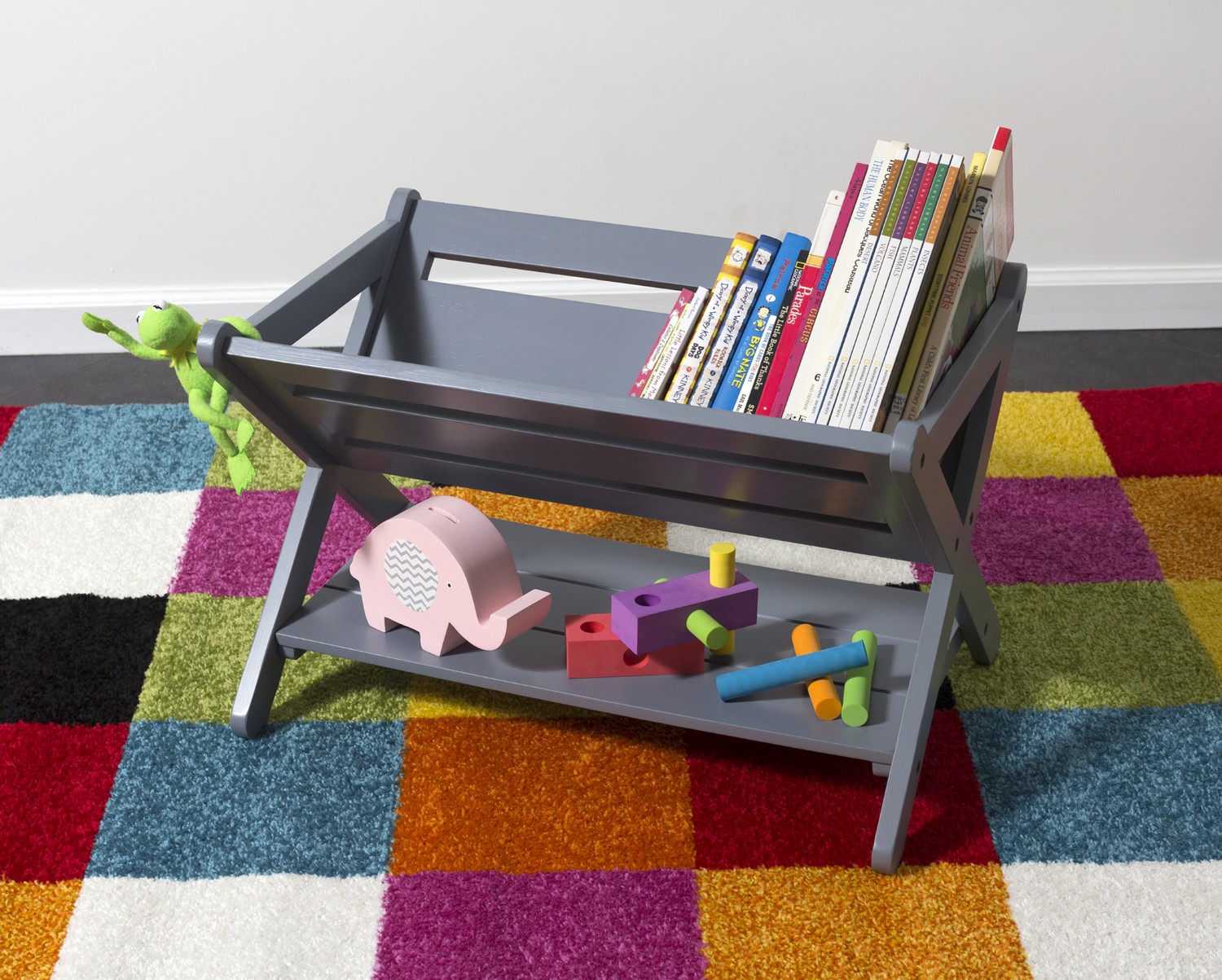 Kids Book Caddy With Shelf, Gray | Lipper International