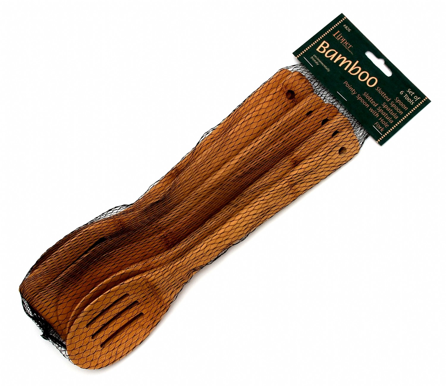 Lipper International 826 Set of 6 Bamboo Kitchen Tools in Mesh Bag