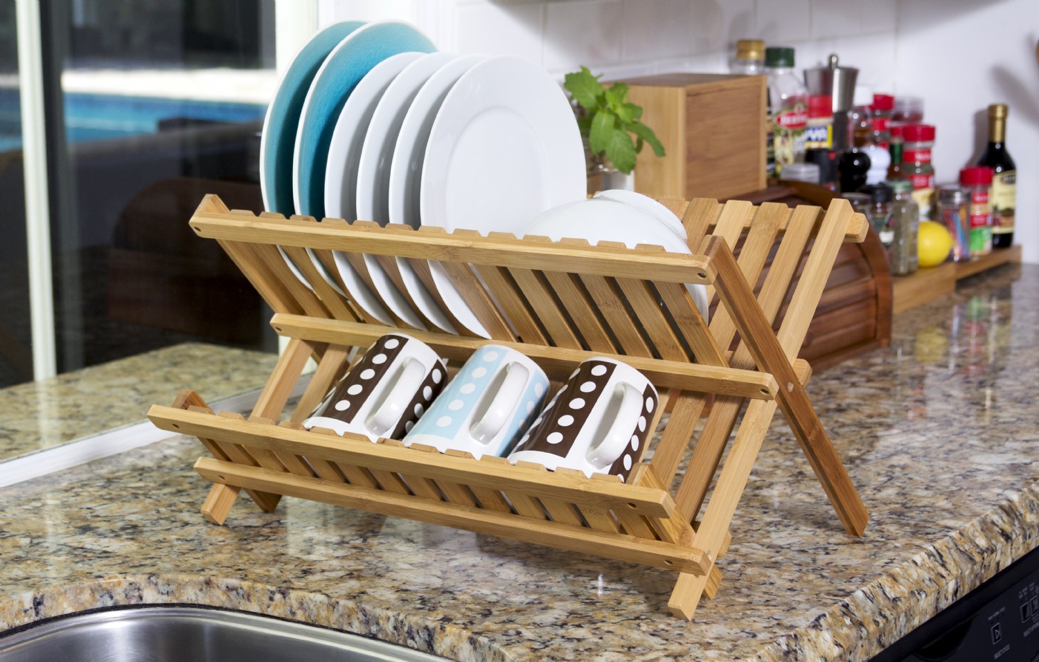 Folding Bamboo Dish Drying Rack - Wooden Kitchen Dish Rack Plate